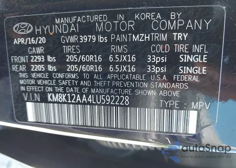 2020 Hyundai Kona Se from USA, damaged, VIN KM8K12AA4LU592228